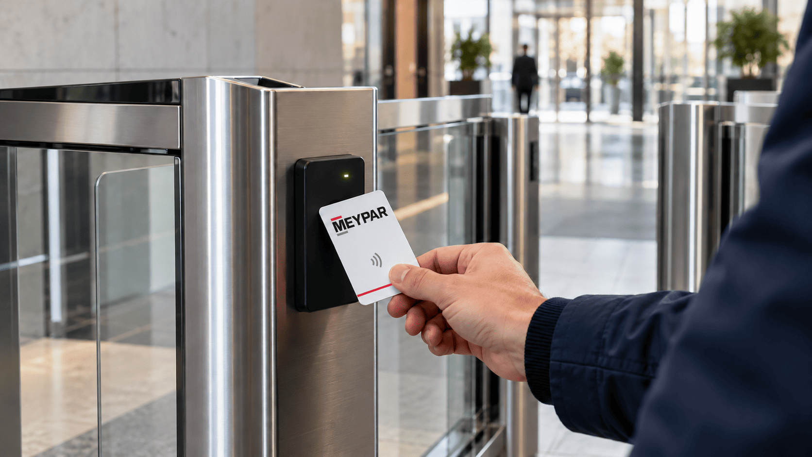 Persona acercando una tarjeta RFID al lector de un torno de acceso peatonal
